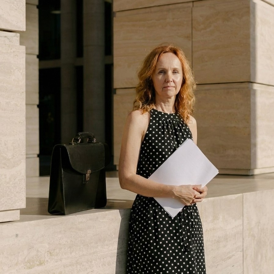 A woman in glasses and a coat stands confidently
