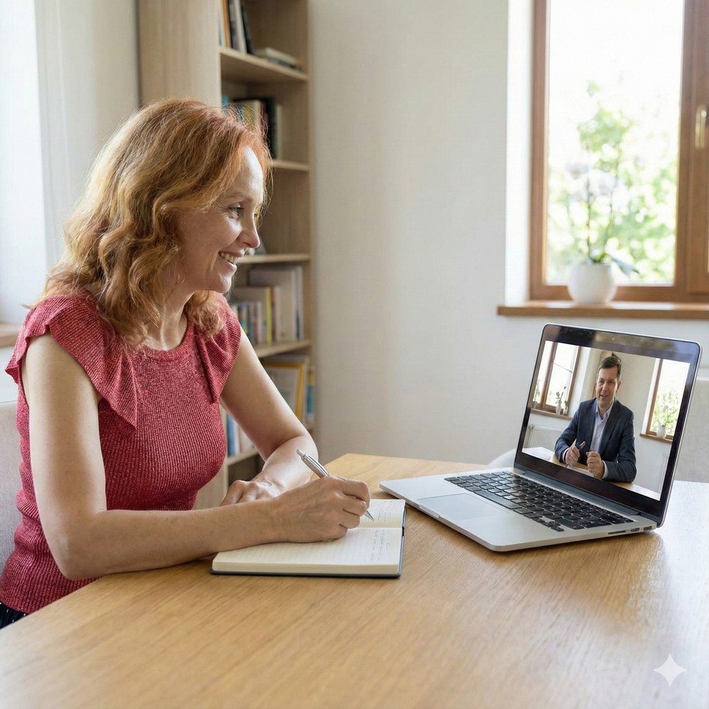 A woman seated at a table with two other individuals, engaged in conversation.